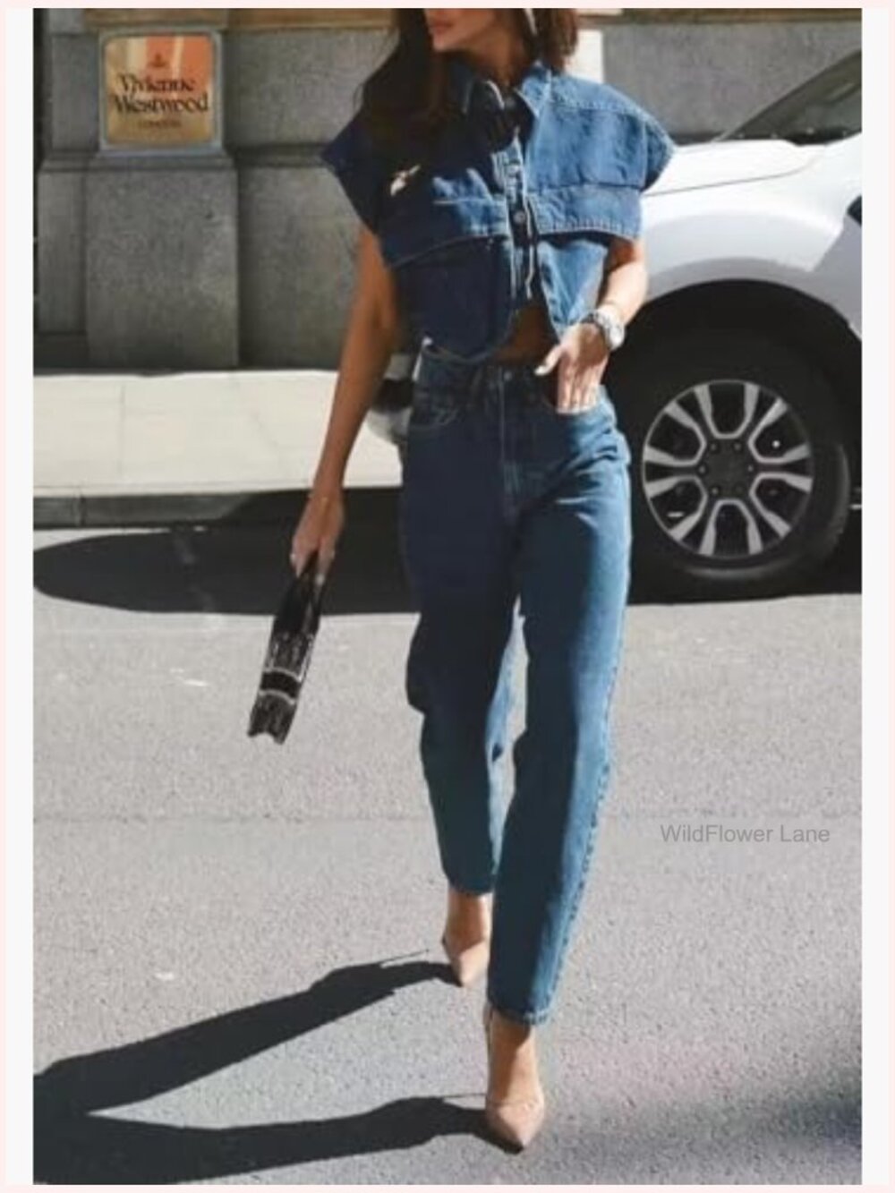 Sleeveless Cropped Denim Button Down Shirt with Pockets - Picture 5 of 7